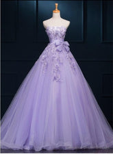 Light Purple Tulle Long Sweet 16 Dress with Bow, Lace Applique Purple Prom Dress Party Dress